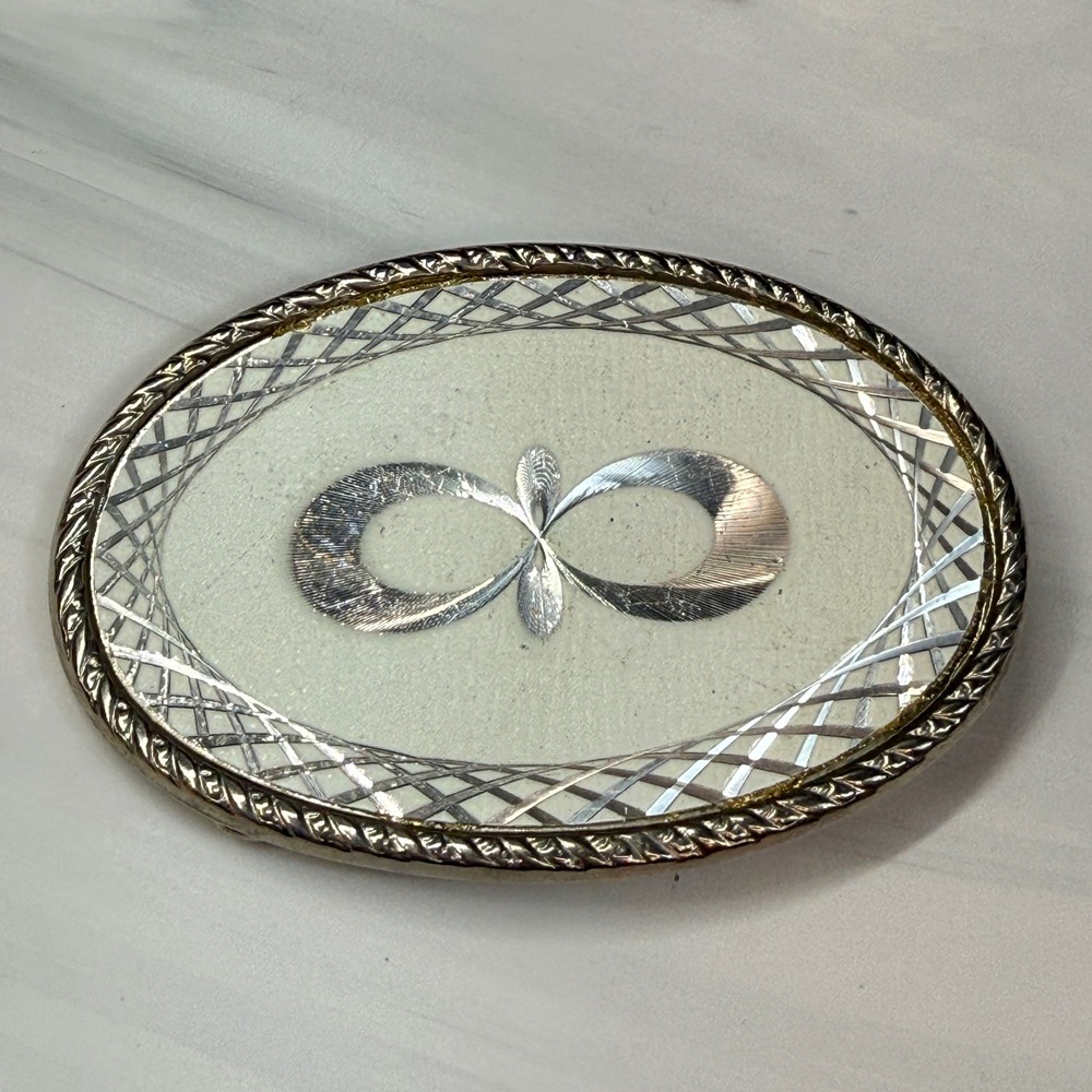Vintage Silver Tone Infinity Symbol Western Belt Buckle Oval Diamond Cut Border
